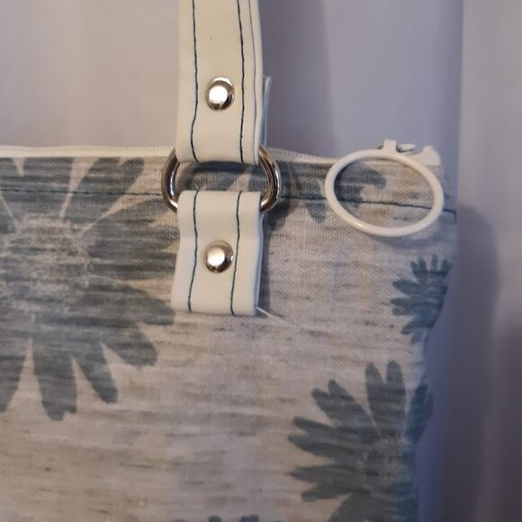 New Floral Vinyl Double handle Shoulder Satchel Bag Purse Greige Teal Canva Boho - Picture 6 of 10